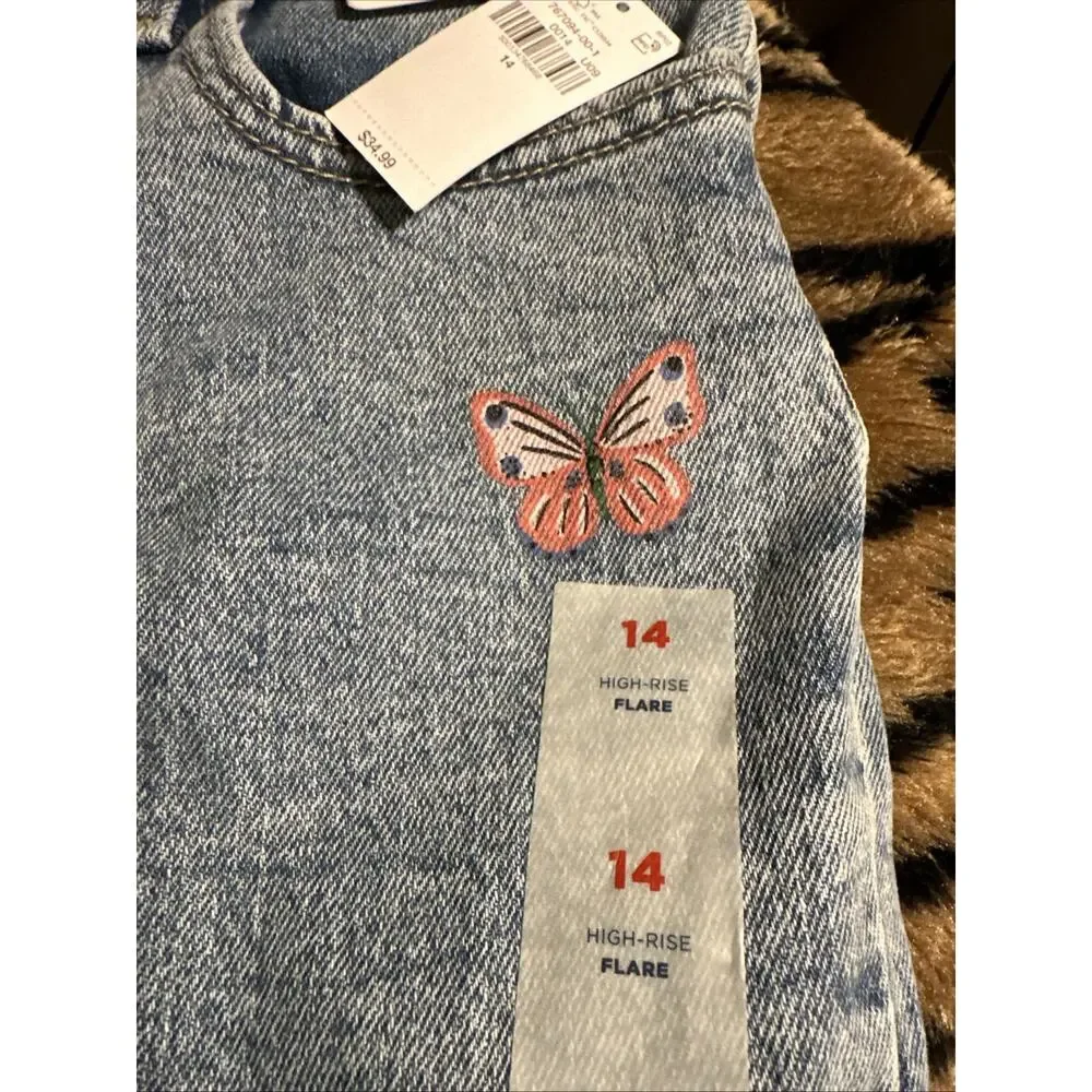 Girl’s Size 14 High Rise Flare Jeans Old Navy Butterfly Embroidered NWT School